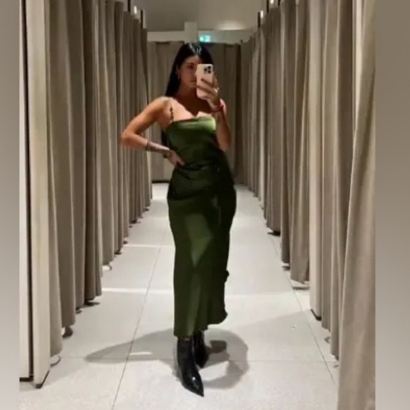 New Zara Satin Effect Jewel Straps Green Midi Dress NWT XS - Picture 9 of 17